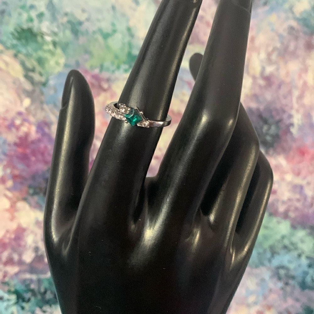 Dainty Emerald Green and Clear CZ ring, in Silver tone, Unmarked